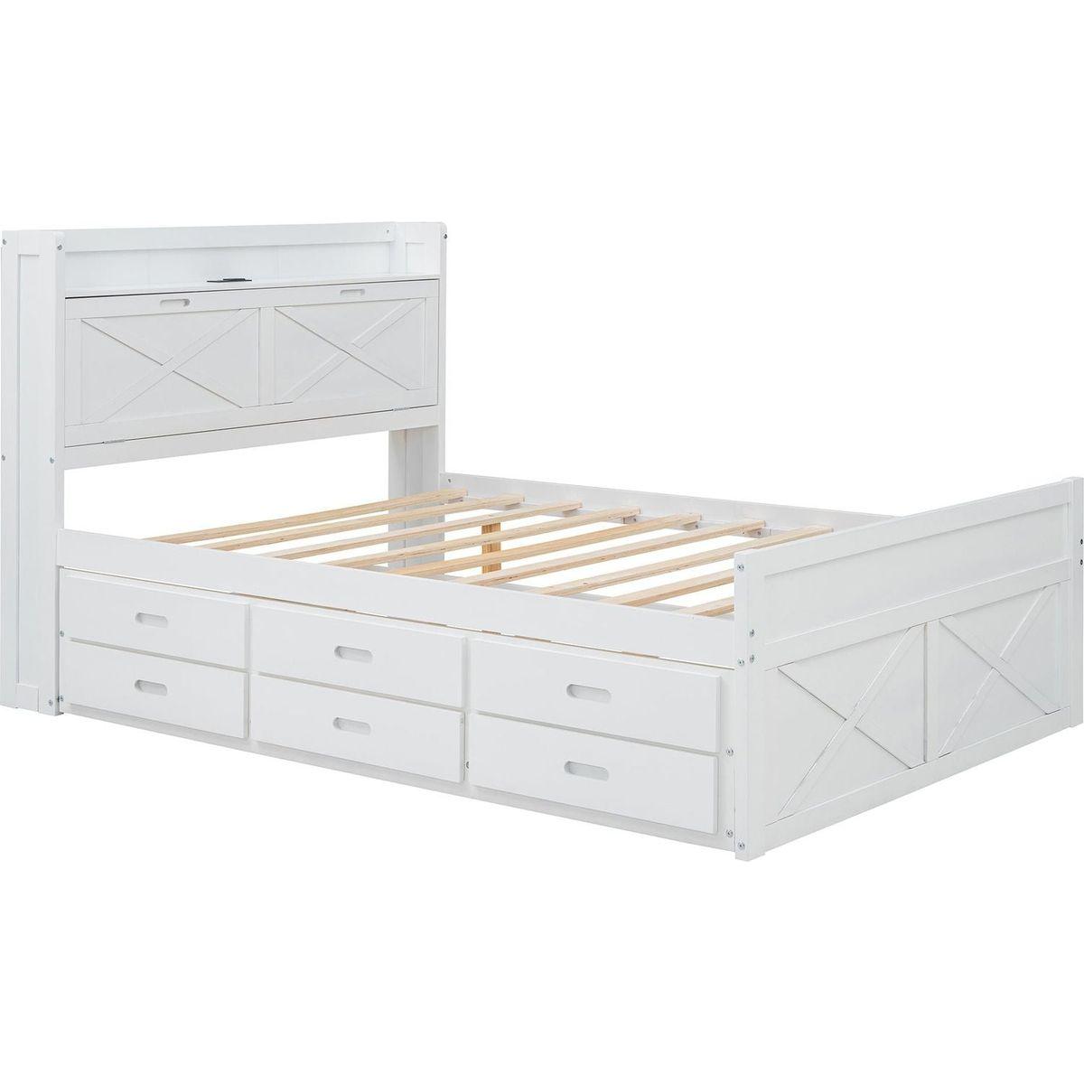 Full Size Wooden Bed with Storage Headboard with Outlets, Extendable Bed with Twin Size Trundle with Three Storage Drawers,White