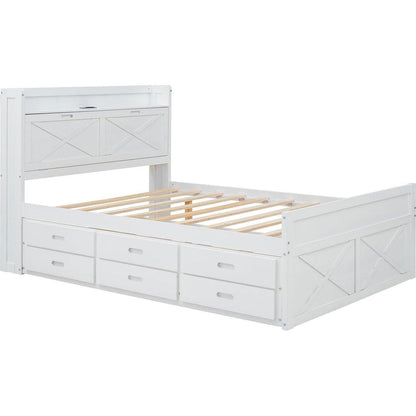 Full Size Wooden Bed with Storage Headboard with Outlets, Extendable Bed with Twin Size Trundle with Three Storage Drawers,White