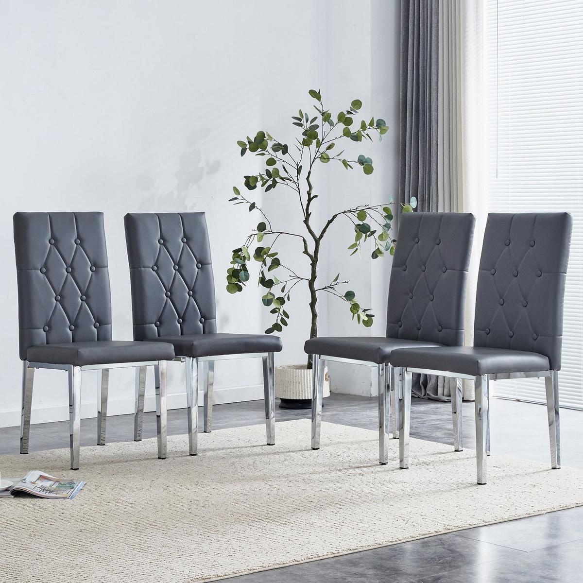 4 piece set of gray armless dining chairs brings a touch of elegance and mystery to the dining area with its deep gray tone,The grid and buckle design of the back add a vintage yet fashionable touch