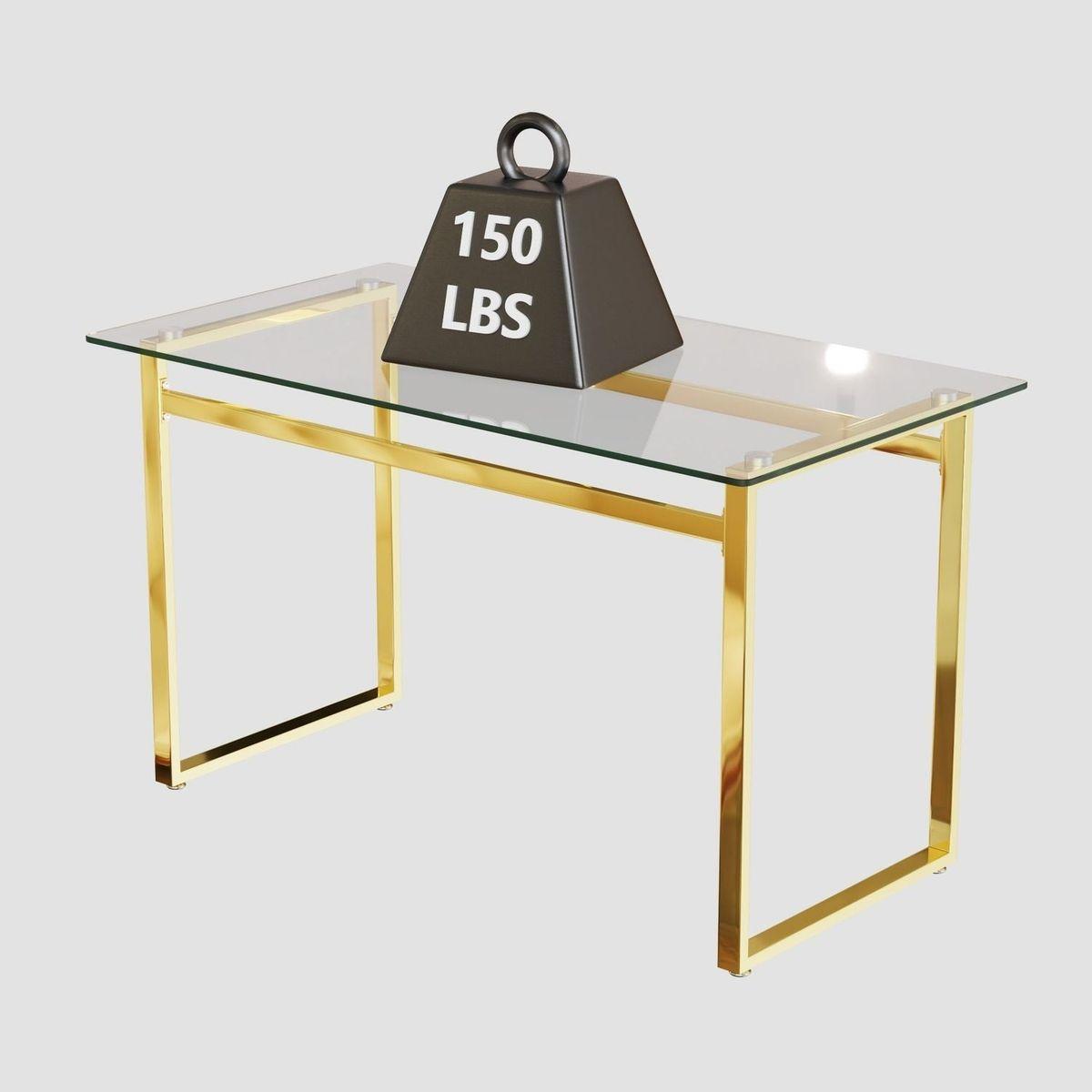 Modern Minimalist Rectangular Glass Dining Table for 4-6 with 0.31" Tempered Glass Tabletop and Golden Chrome Metal Legs, Writing Table Desk, for Kitchen Dining Living Room, 51" W x 27"D x 30" H