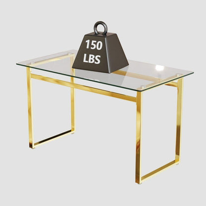 Modern Minimalist Rectangular Glass Dining Table for 4-6 with 0.31" Tempered Glass Tabletop and Golden Chrome Metal Legs, Writing Table Desk, for Kitchen Dining Living Room, 51" W x 27"D x 30" H