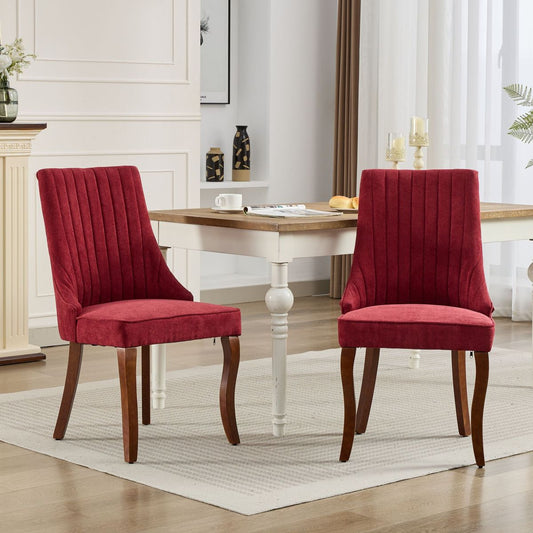 Rayon Cloth Flocking Linen Dining Chairs Channel Kitchen Dinner Chair Comfy Fabric Upholstered Accent Chair for Dining Room with Curved Solid Wood Legs,Set of 2 (Wine Red), SW1847WR