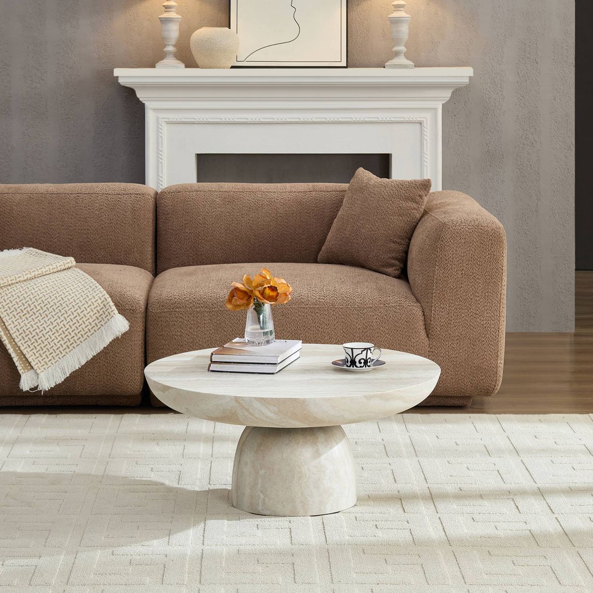 The cave's stone surface is entirely formed through precise cutting and polishing. It exhibits a natural weathering effect in a beige color.