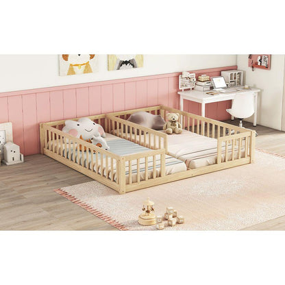 Double Twin Floor Bed with Fence, Guardrails, without door, Natural