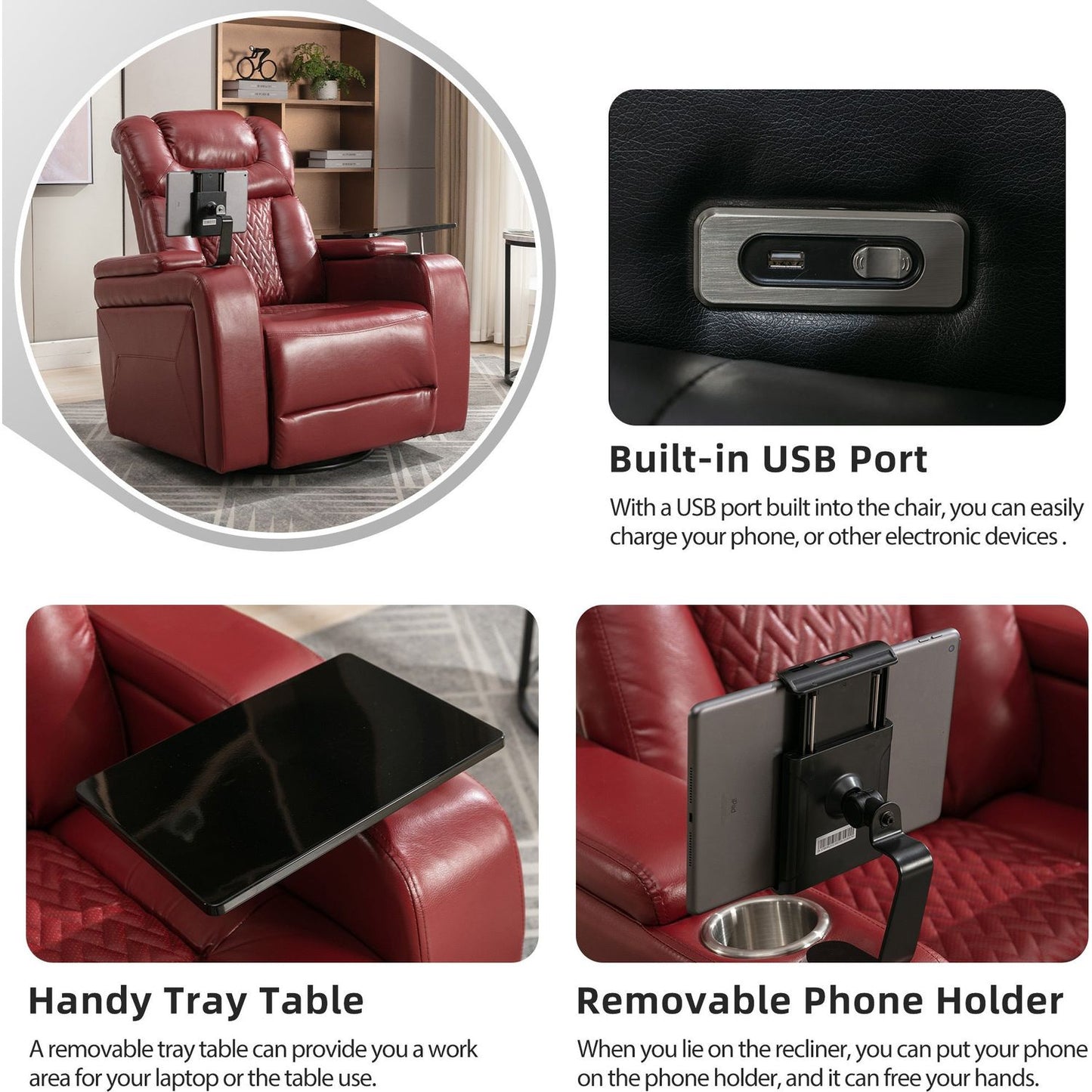 270 Degree Swivel PU Leather Power Recliner Individual Seat Home Theater Recliner with Comforable Backrest, Tray Table, Phone Holder, Cup Holder, USB Port, Hidden Arm Storage for Living Room, Red