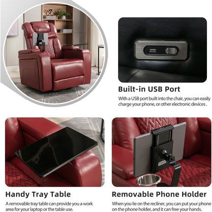 270 Degree Swivel PU Leather Power Recliner Individual Seat Home Theater Recliner with Comforable Backrest, Tray Table, Phone Holder, Cup Holder, USB Port, Hidden Arm Storage for Living Room, Red