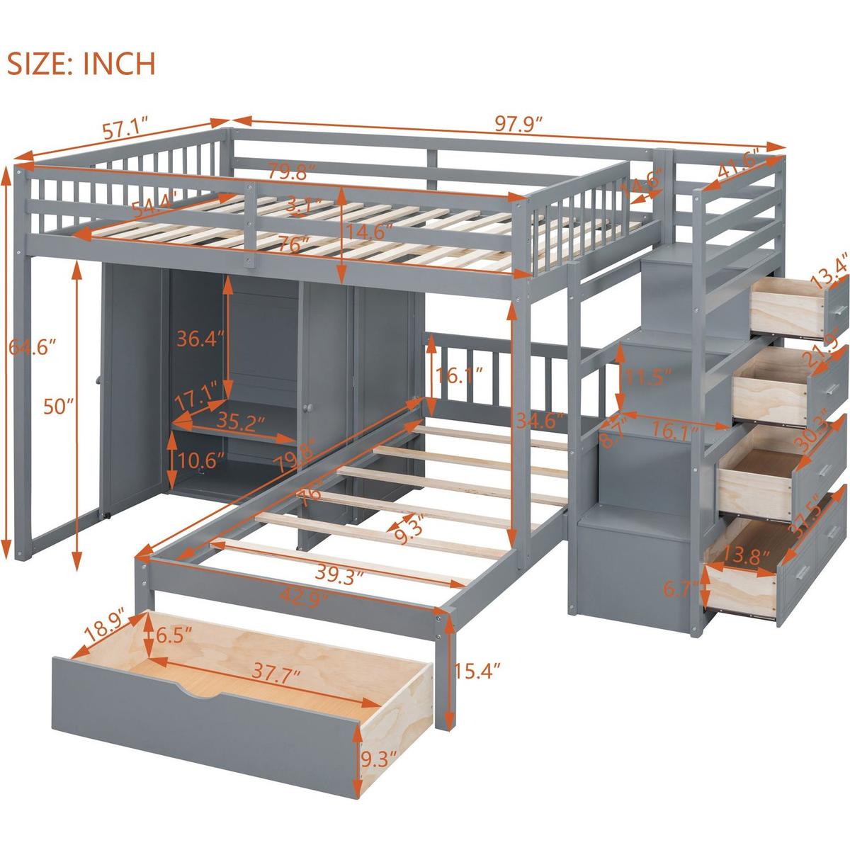 Full Over Twin Bunk Bed with Wardrobe, Drawers, Gray