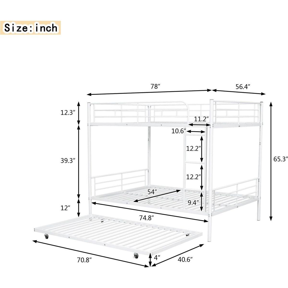 Full Over Full Metal Bunk Bed with Trundle, White