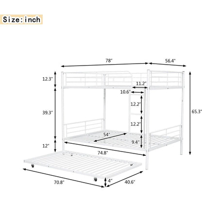Full Over Full Metal Bunk Bed with Trundle, White