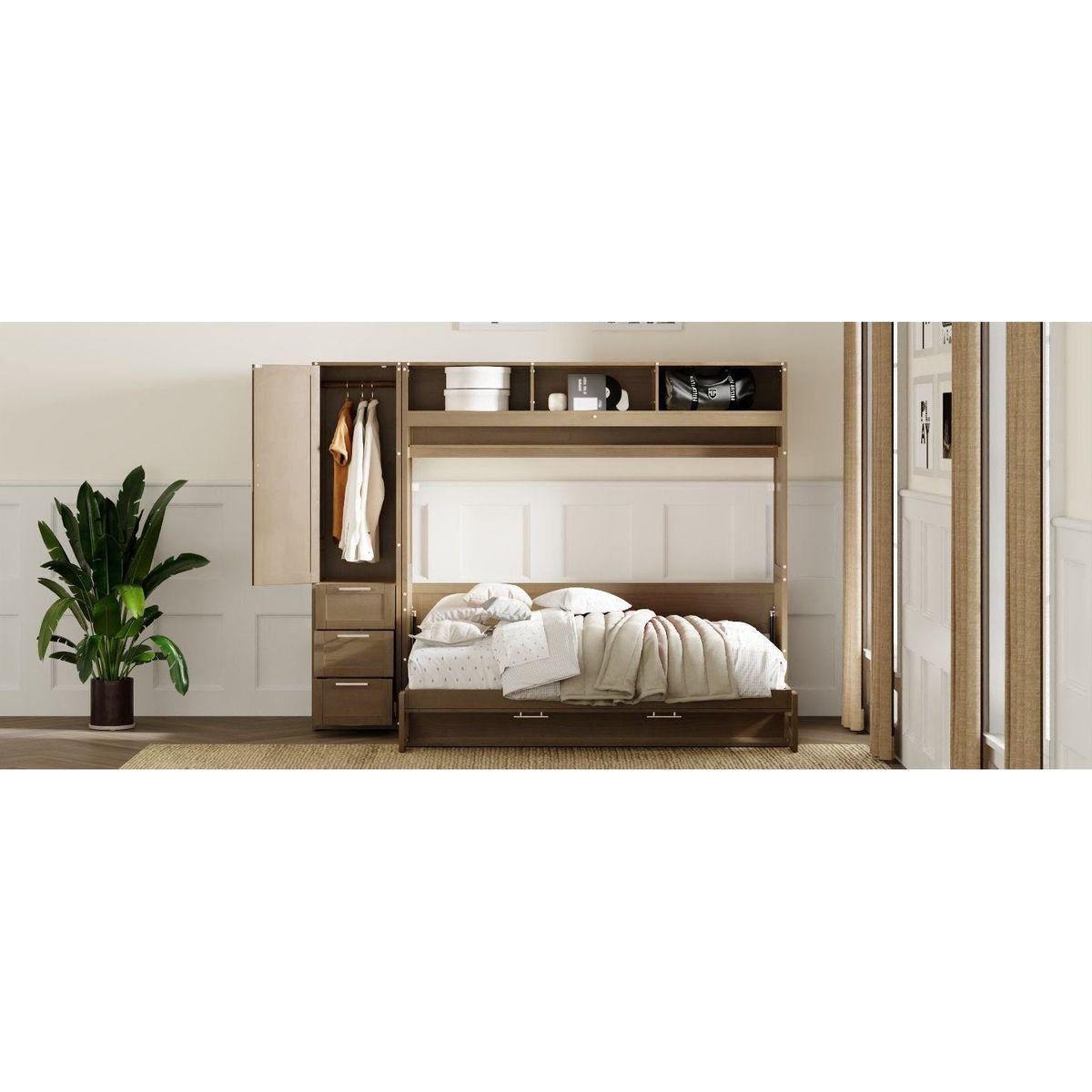 Full Size Murphy Bed with Wardrobe, Drawers and Open Shelves, Antique Grey