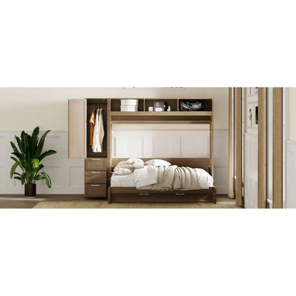 Full Size Murphy Bed with Wardrobe, Drawers and Open Shelves, Antique Grey