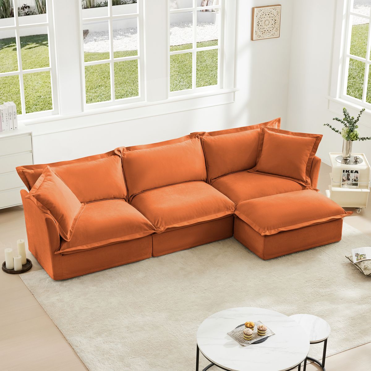 L-Shaped Slipcovered Sectional Sofa Couch, Comfy Chenille Deep Seat Cloud Couch with Convertible Ottoman & 2 Big Pillows, Modern Oversized 3 Seater Slipcovered Sofa Set for Living Room Office, Orange