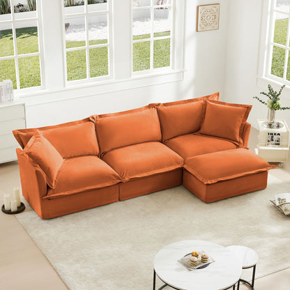 L-Shaped Slipcovered Sectional Sofa Couch, Comfy Chenille Deep Seat Cloud Couch with Convertible Ottoman & 2 Big Pillows, Modern Oversized 3 Seater Slipcovered Sofa Set for Living Room Office, Orange