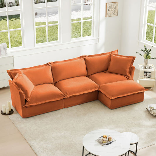 L-Shaped Slipcovered Sectional Sofa Couch, Comfy Chenille Deep Seat Cloud Couch with Convertible Ottoman & 2 Big Pillows, Modern Oversized 3 Seater Slipcovered Sofa Set for Living Room Office, Orange