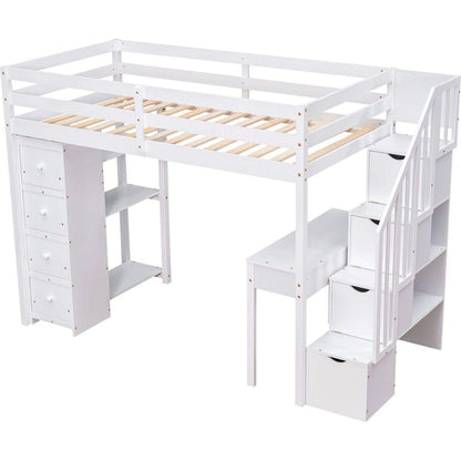 Twin size Loft Bed with Storage Drawers, Desk and Stairs, Wooden Loft Bed with Shelves - White