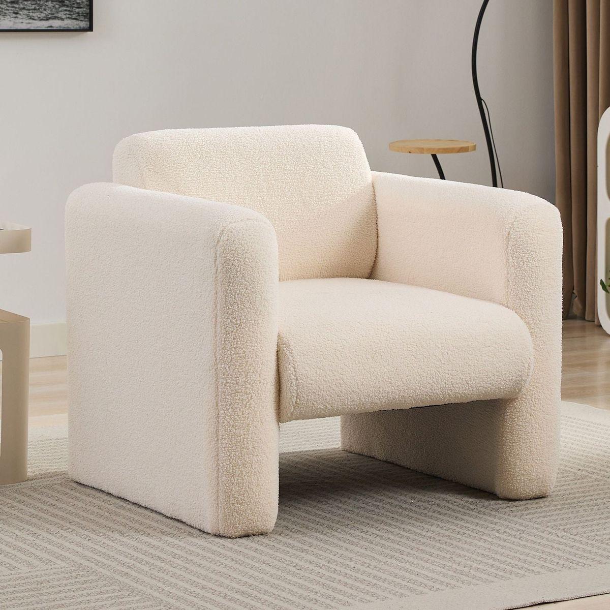 Modern Accent Chair Lambskin Sherpa Fabric Upholstered Comfy Reading Arm Chair Soft Padded Armchair with Back and Pillow for Living Room Bedroom Reception Waiting Room Office, Cream