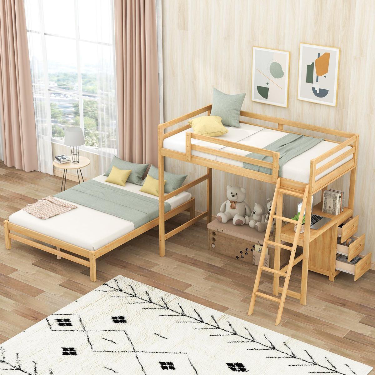 Twin over Full Bunk Bed with Built-in Desk and Three Drawers,Natural