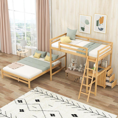 Twin over Full Bunk Bed with Built-in Desk and Three Drawers,Natural