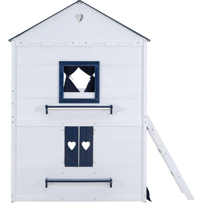 Full Size Bunk Wood House Bed with Elegant Windows, Sills and Tent, Blue+White
