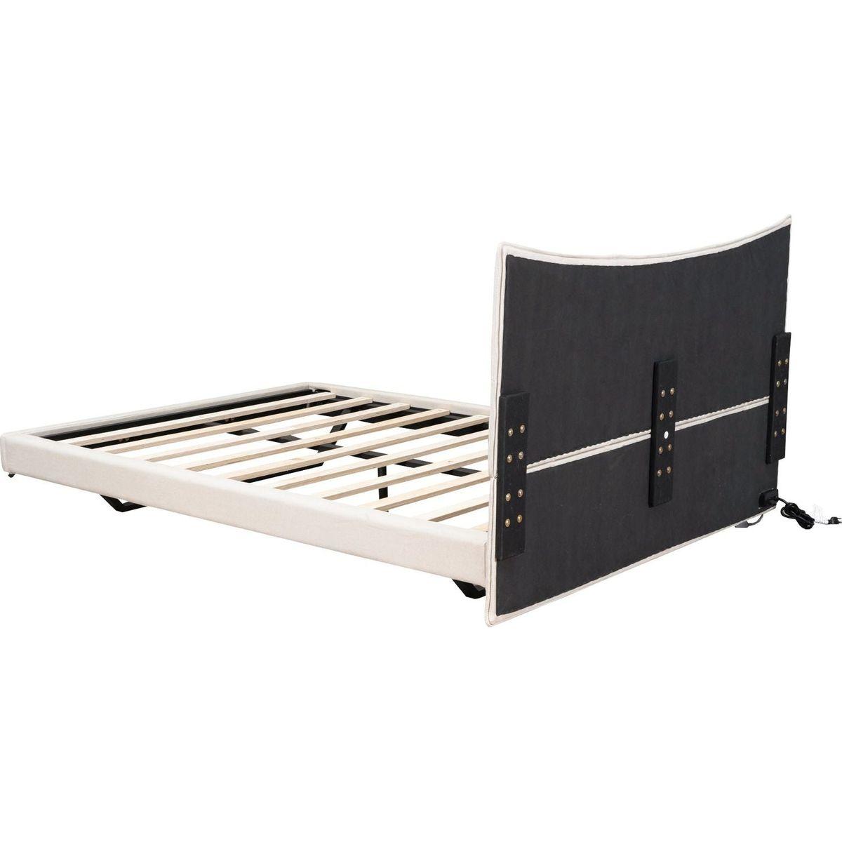 Full Size Upholstered Platform Bed with LED Lights,USB Ports and Outlets,Linen Fabric,Beige