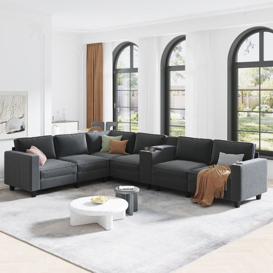 L-shaped 6-seater 133.4''*94.4'' corduroy sofa, large storage armrests with center console, USB charging, left and right seats can be switched, 3 packages of 130