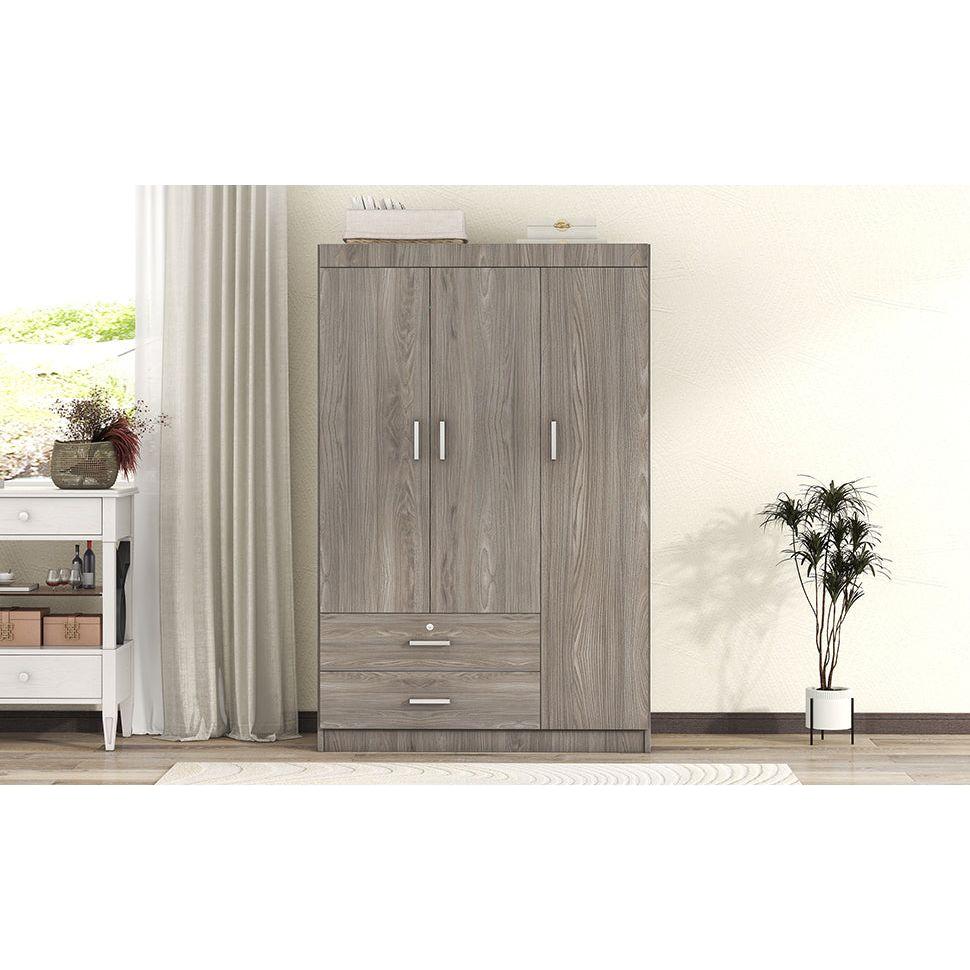 3-Door Wardrobe with 2 Drawers, Wood Grain Effect in Gray