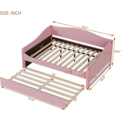 Teddy Fleece Full Size Upholstered Daybed with Light and Trundle, Pink