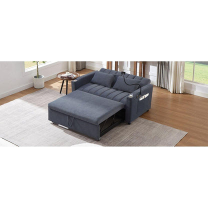 55.9" Convertible Sofa Bed Loveseat Sofa with Three USB Ports, Two Side Pockets, Two Cup Holders and 360Swivel Phone Holder for Living Room, Blue Grey