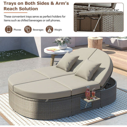 Outdoor Sun Bed Patio 2-Person Daybed with Cushions and Pillows, Rattan Garden Reclining Chaise Lounge with Adjustable Backrests and Foldable Cup Trays for Lawn,Poolside, Gray