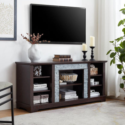 TV Media Stand with with Faux Stacked Stone Surround, Modern Entertainment Console with Open Storage Space, Cherry, 58.31"Wx15.39"Dx26.06"H
