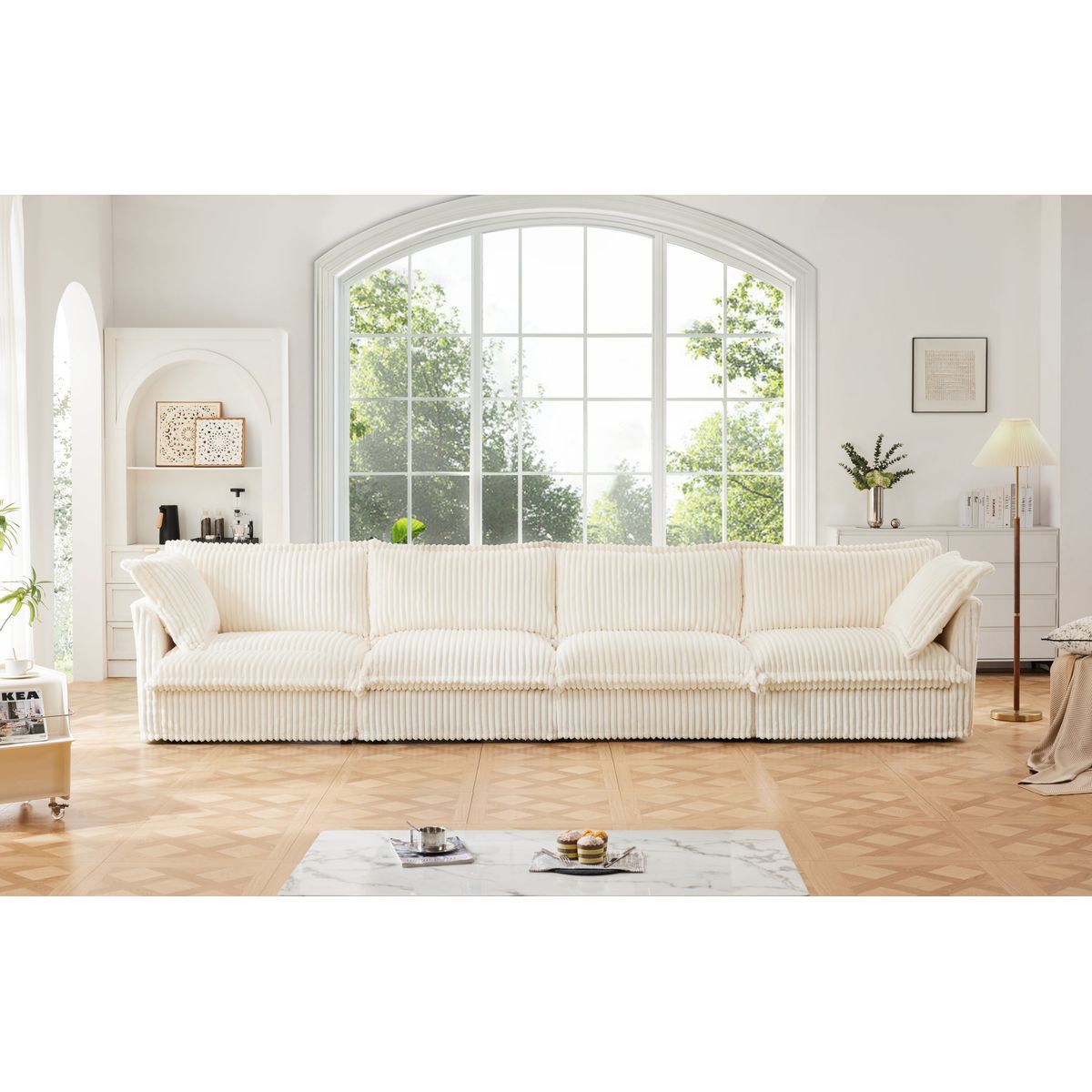 Slipcovered Long Sofa, 4 Seater Sofa with Removable Cover, Extra Deep Couch for Living Room, Corduroy Fabric Cloud Like Comfy Sofa Couch, Cream Corduroy Fabric