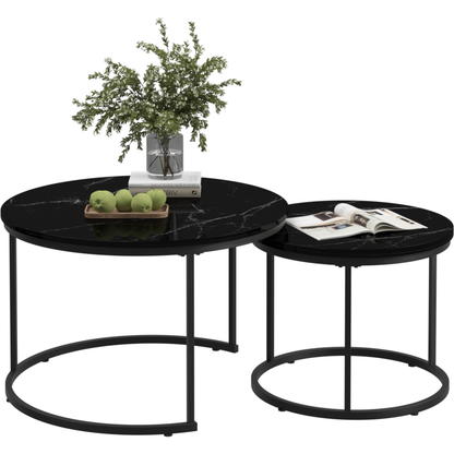 Nesting Coffee Table Set of 2, 27.6inch Round Coffee Table Wood Marble Pattern Top with Sturdy Metal Frame, End Table Side Tables for Living Room Bedroom Balcony Yard (Black)