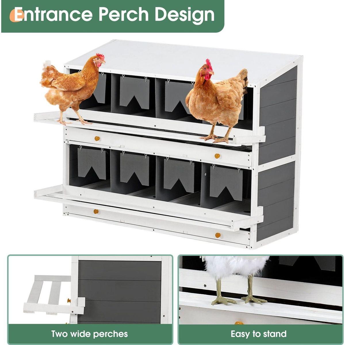 Wooden Chicken Nesting Box for Laying Eggs,Solid Pine Wood 8 Compartments Egg Laying Boxes for Hens with 2 Roll Out Egg Collection Drawers and 4 Vented Holes,2 Foldable Perches,47"Lx26.4"Wx35.4"H-Gray