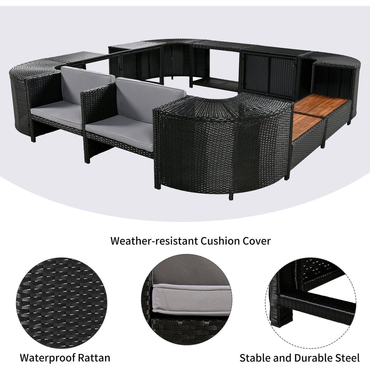 Spa Surround Spa Frame Quadrilateral Outdoor Rattan Sectional Sofa Set with Mini Sofa, Wooden Seats and Storage Spaces, Grey
