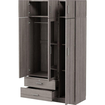 3-Door Mirror Wardrobe with 2 Drawers and Top Cabinet,Gray