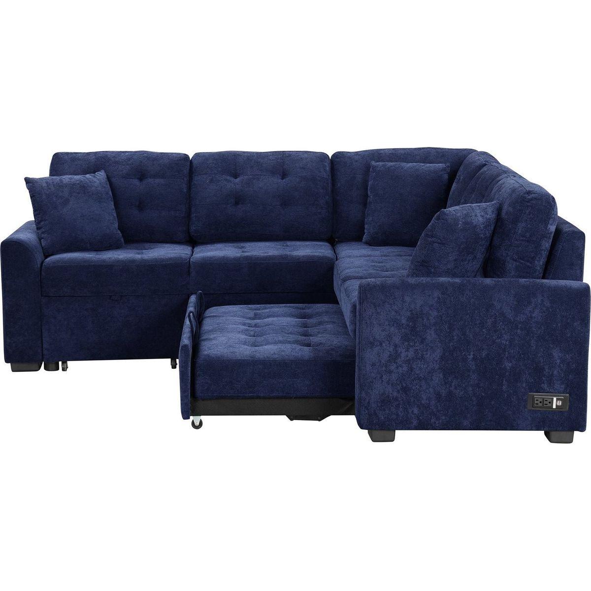 82.6" L-shape Sofa Bed Pull-out Sleeper Sofa with Wheels, USB Ports, Power Sockets for Living Room, Navy Blue