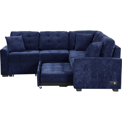 82.6" L-shape Sofa Bed Pull-out Sleeper Sofa with Wheels, USB Ports, Power Sockets for Living Room, Navy Blue