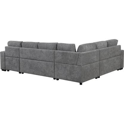 109" U-shaped Sectional Sofa Pull-out Sofa Bed with Two USB Ports, a Storage Chaise Lounge and Four Back Pillows for Living Room, Grey
