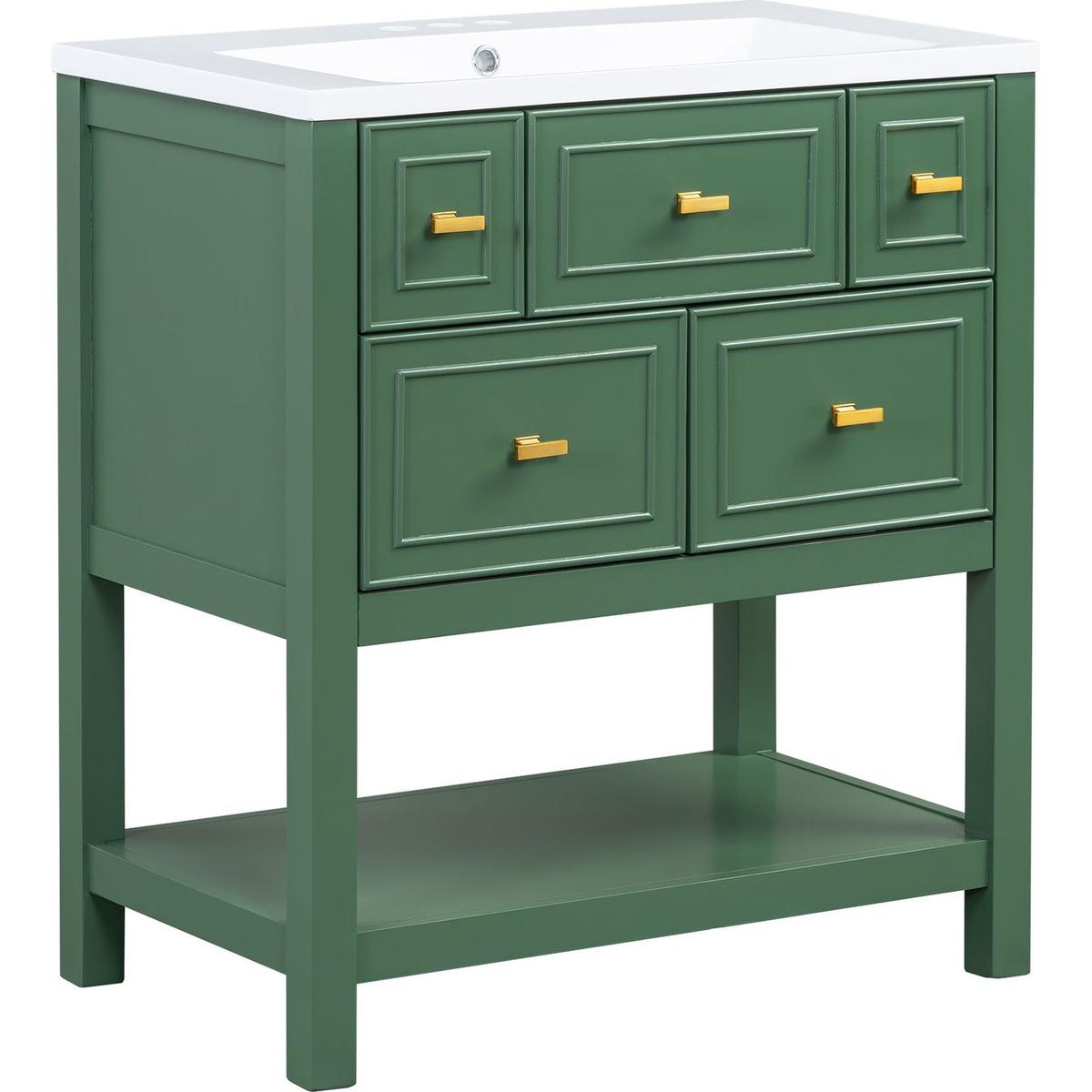 30" Bathroom Vanity with Resin Sink Combo, Free Standing Single Vanity Set with 5 Drawers, Solid Wood Frame Bathroom Storage Cabinet, Green