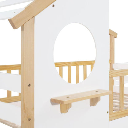 Stairway Twin-Over-Twin Bunk Bed,House Bed,Storage and Guard Rail,Natural Bed +White Stair