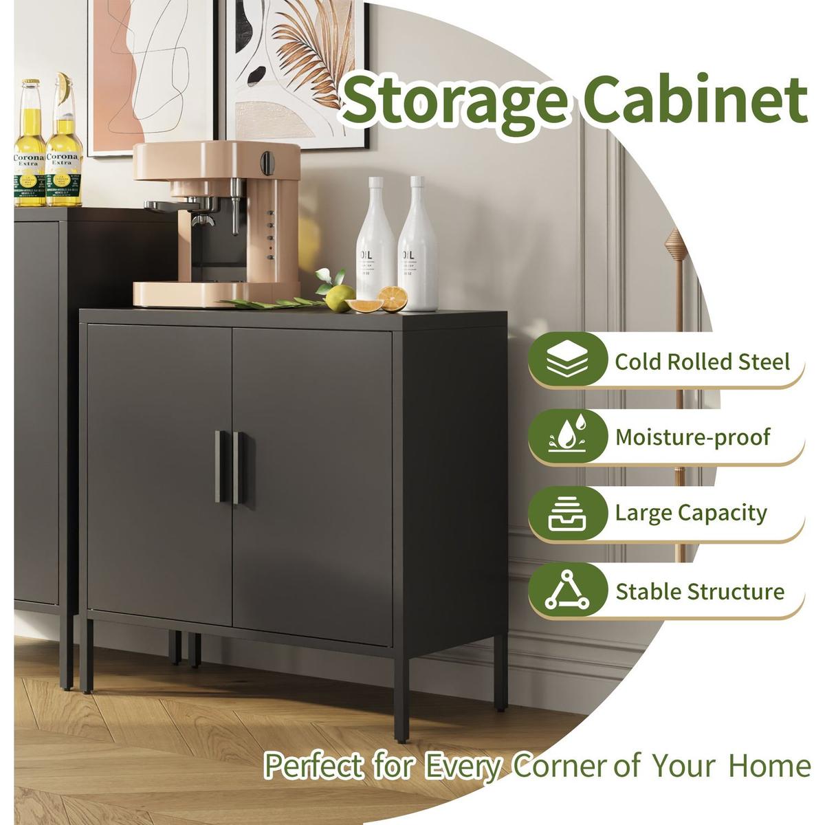 Metal Storage Cabinet with 2 Doors and 2 Adjustable Shelves, Steel Lockable Garage Storage Cabinet, Metal File Cabinet for Home Office School Gym, Black