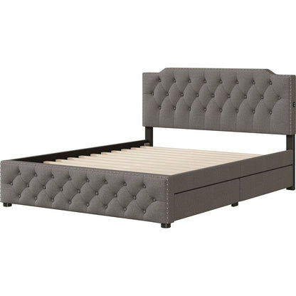 Queen Size Upholstered Platform Bed with 2 Drawers and 2 sets of USB Ports on each side, Linen Fabric, Gray
