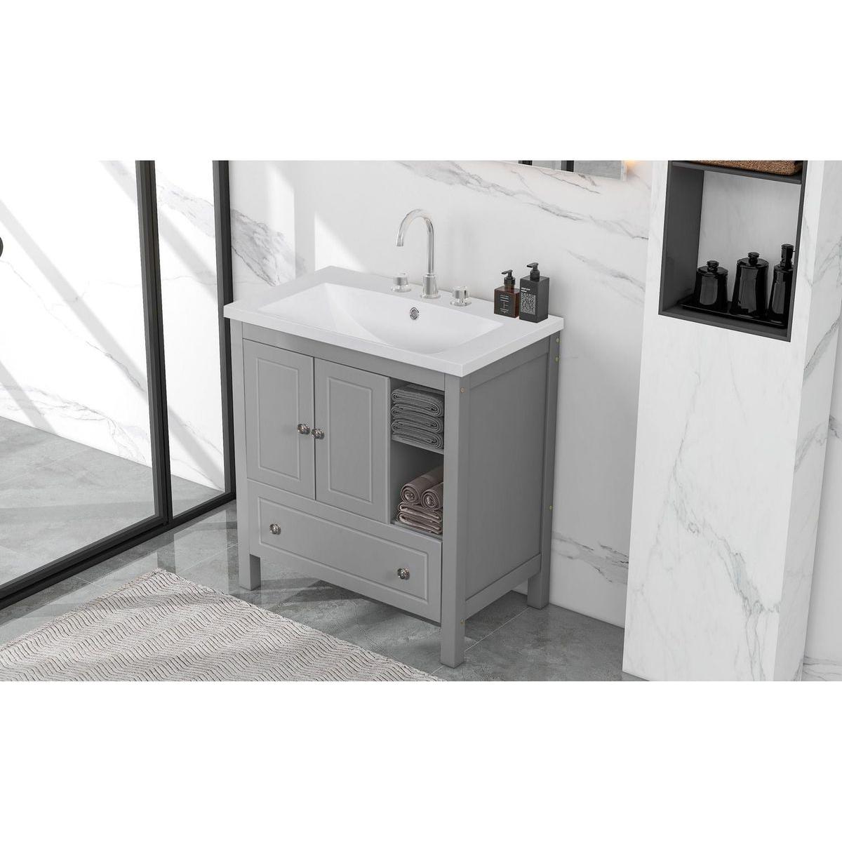 30" Bathroom Vanity with Sink, Bathroom Storage Cabinet with Doors and Drawers, Solid Wood Frame, Ceramic Sink, Grey