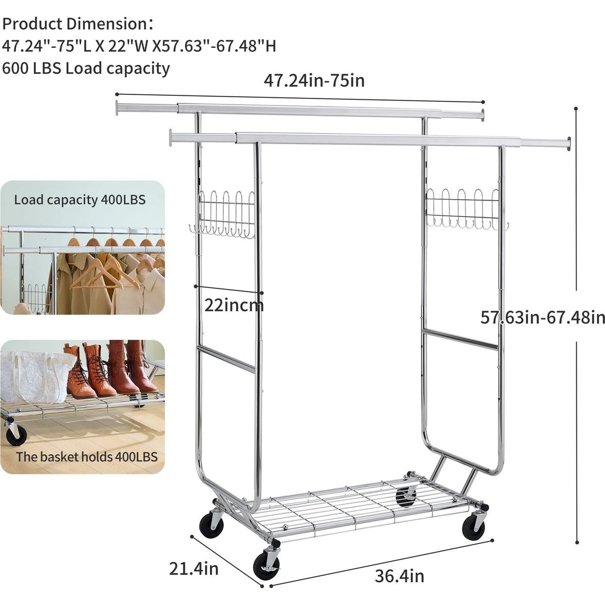 Double Clothing Garment Rack with Shelves Capacity 800lbs Clothing Racks on Wheels Rolling Clothes Rack for Hanging Clothes Heavy Duty Portable Collapsible Commercial Garment Rack