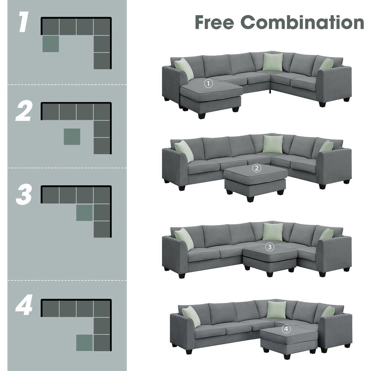 112x87" Sectional Sofa Couches Living Room Sets, 7 Seats Modular Sectional Sofa with Ottoman, L Shape Fabric Sofa Corner Couch Set with 3 Pillows, Grey(New of GS008210AAG)