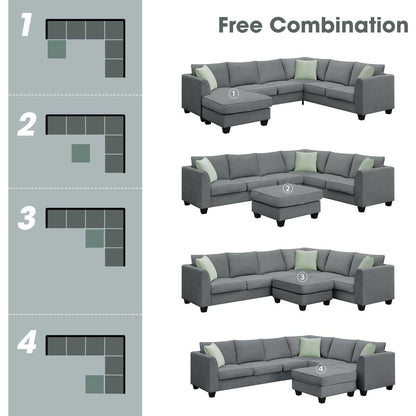 112x87" Sectional Sofa Couches Living Room Sets, 7 Seats Modular Sectional Sofa with Ottoman, L Shape Fabric Sofa Corner Couch Set with 3 Pillows, Grey(New of GS008210AAG)
