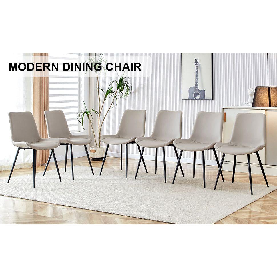 Light gray artificial leather backrest cushion dining chair, black metal legs, curved widened cushion design for more comfort, suitable for restaurants, kitchens, bedrooms, offices.(6 chairs) 0502