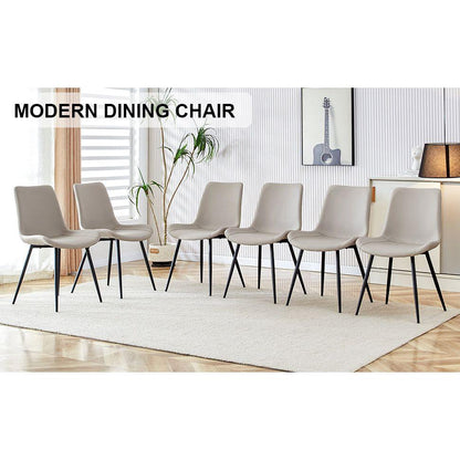 Light gray artificial leather backrest cushion dining chair, black metal legs, curved widened cushion design for more comfort, suitable for restaurants, kitchens, bedrooms, offices.(6 chairs) 0502