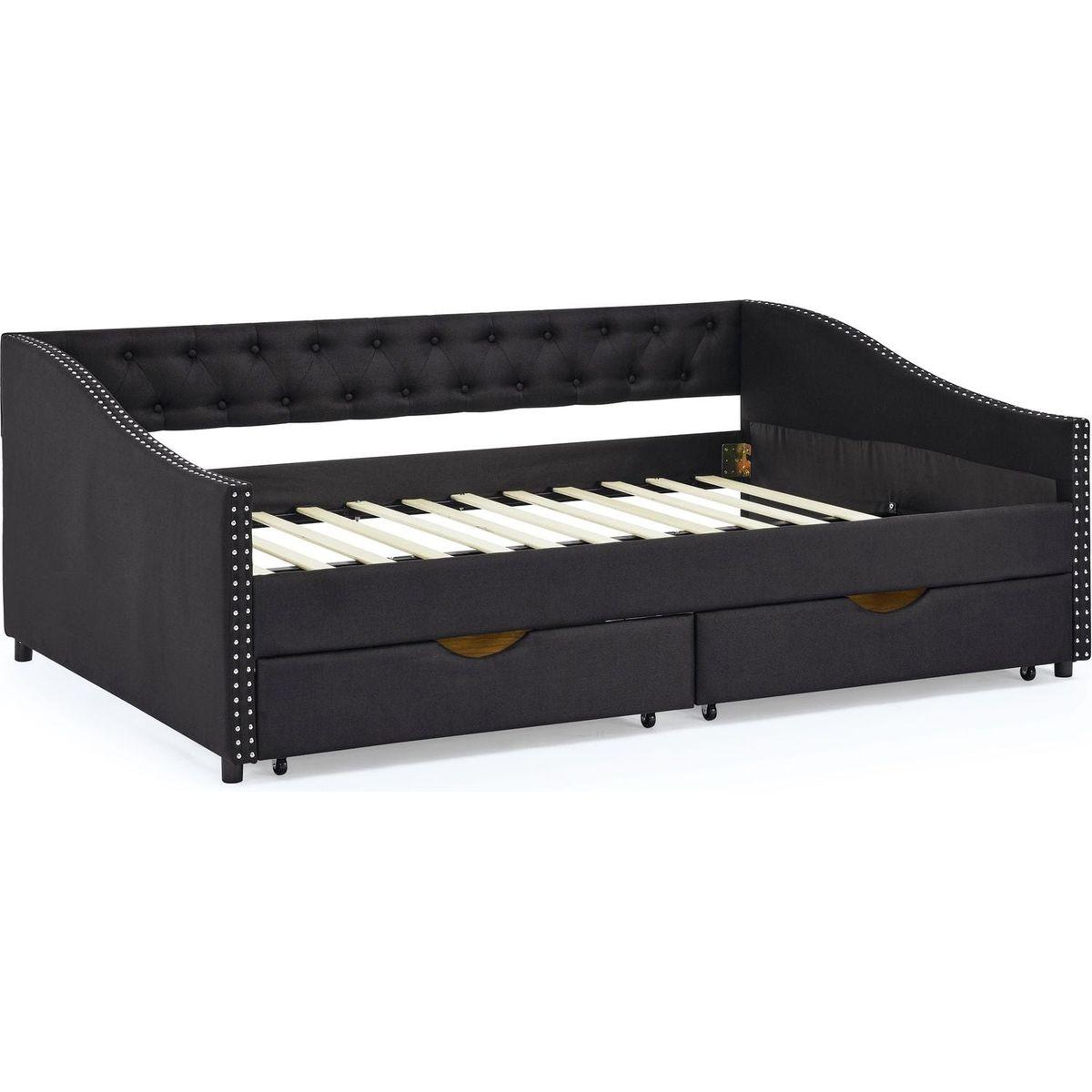 Full Size Daybed with Drawers Upholstered Tufted Sofa Bed, with Button on Back and Copper Nail on Waved Shape Arms(80.5"x55.5"x27.5")