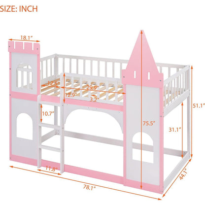 Twin Over Twin Castle Bunk Bed with Ladder - Pink